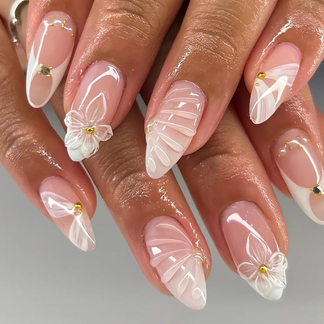 24pcs Flower Almond Press on Nails