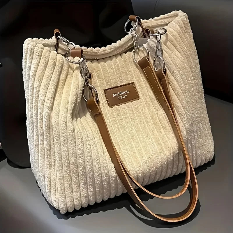Stylish Corduroy Tote Bag for Women, Large Capacity Plush Shoulder Bag