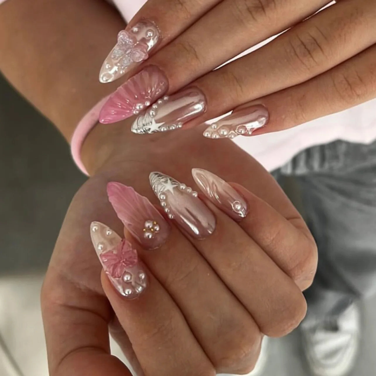 Gentle Nude Pink Press on Nails with 3D Flower