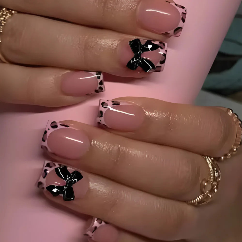 24Pcs Pink French Style Fake Nails 3D Bowknot