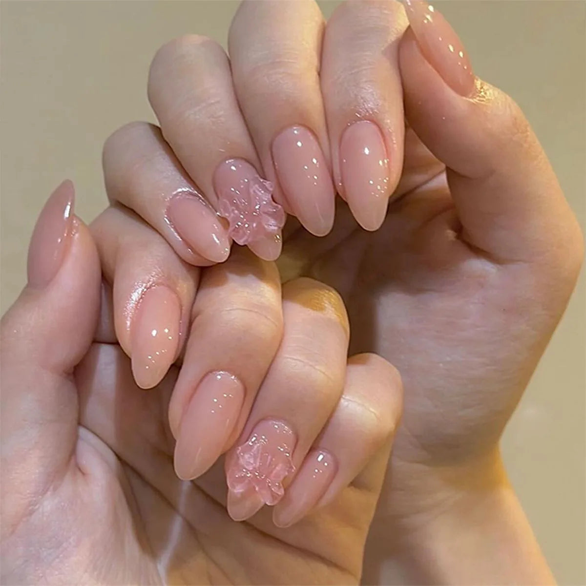 24Pcs Pink French Style Fake Nails 3D Bowknot
