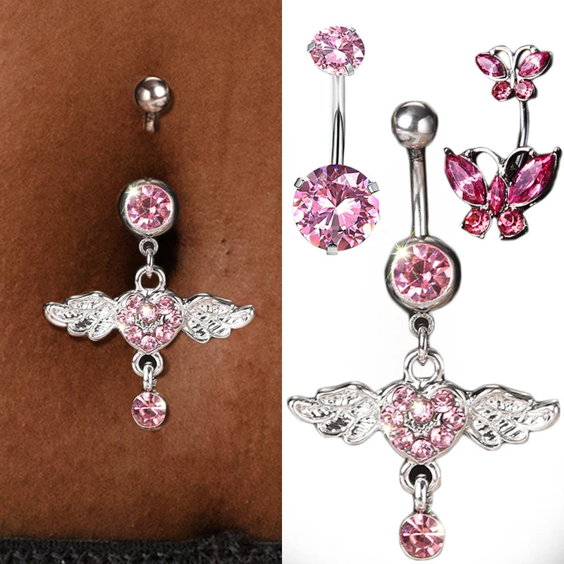 Steel Belly Button Rings Pink Crystal Piercing