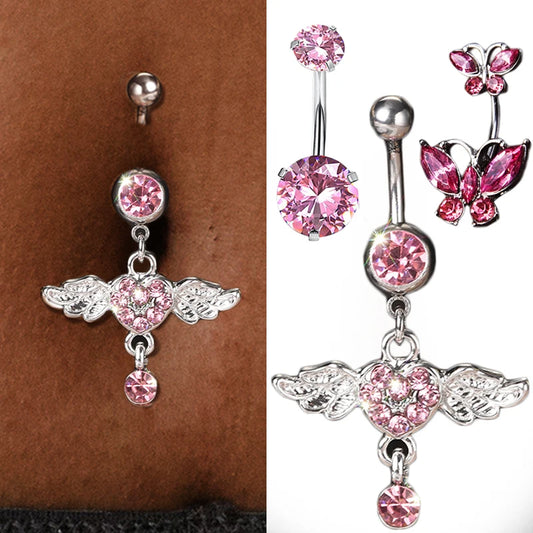 Steel Belly Button Rings Pink Crystal Piercing