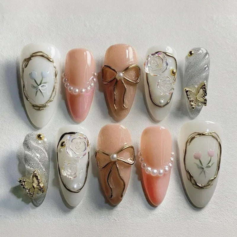 Gentle Nude Pink Press on Nails with 3D Flower