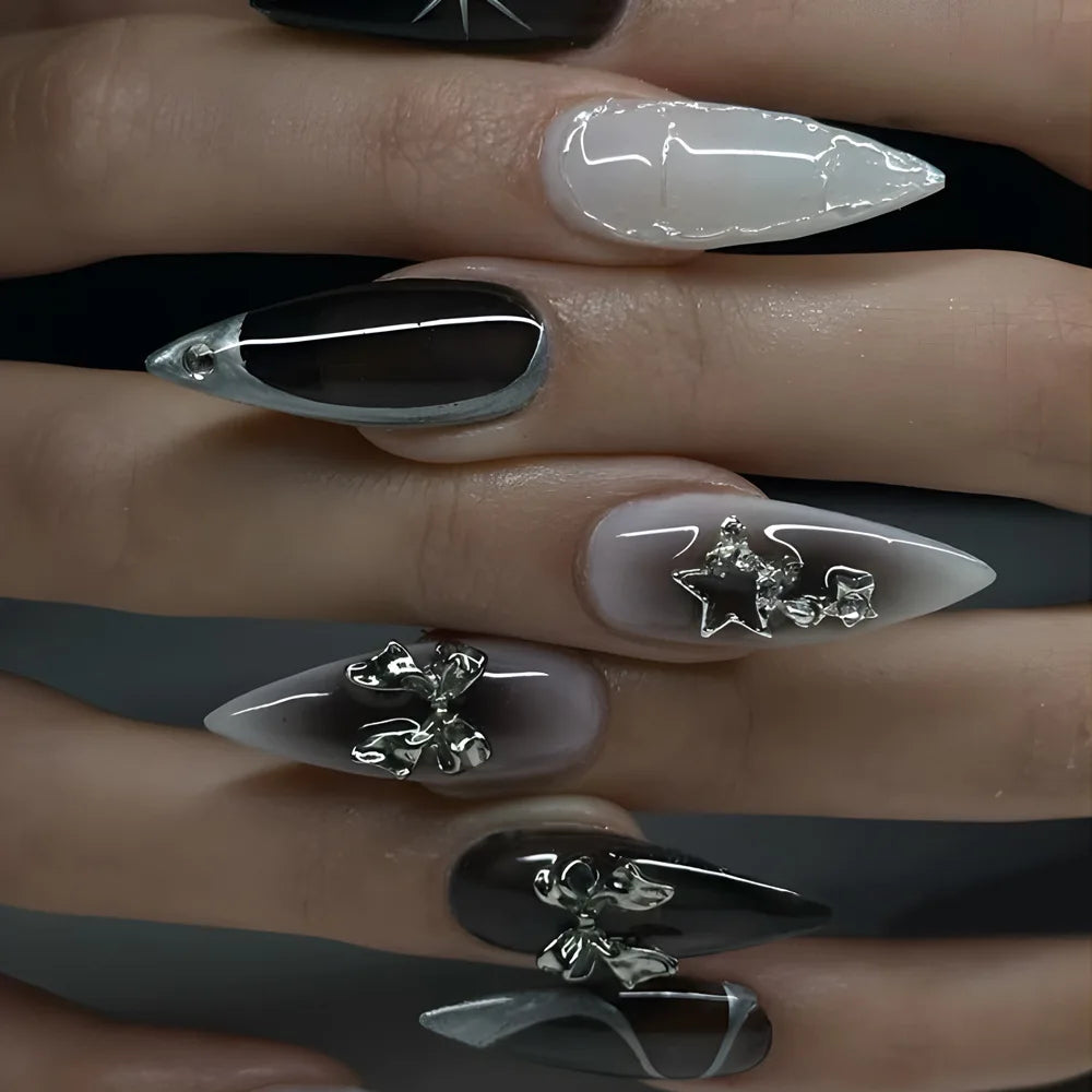 24Pcs Dark Press on Fake Nails with Black Glitter