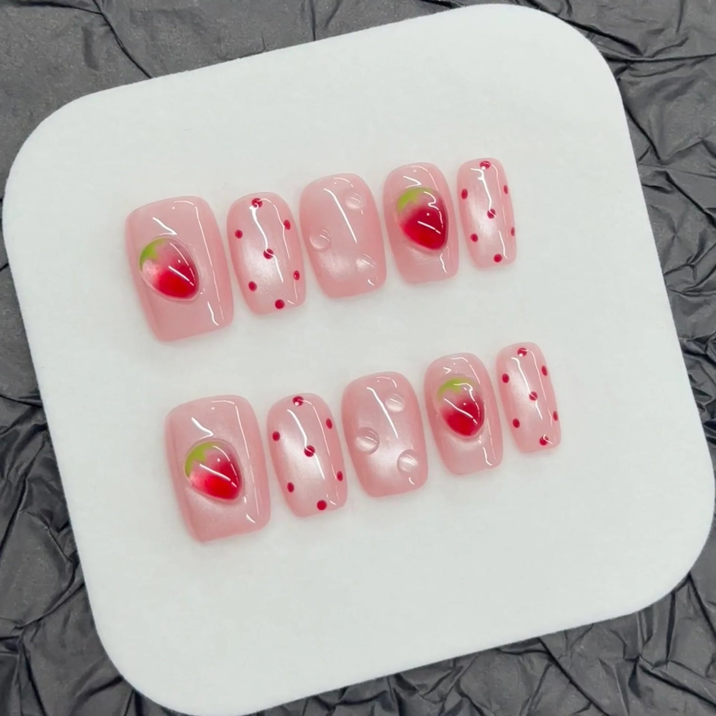 Handmade Press-On Nails Blue Glossy Fish & Bubbles Design