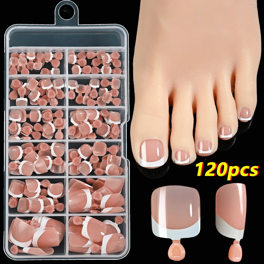 120Pcs Pink French Short Square Fake Nails