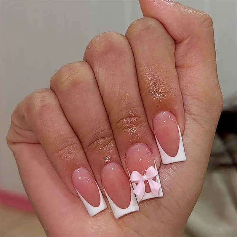 White French Press on Nails 3D Bowknot Fake Nails