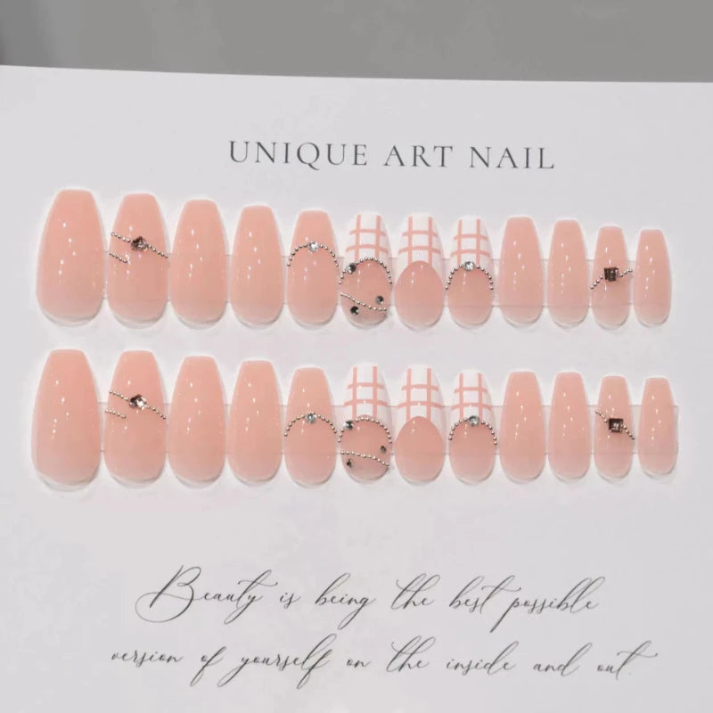 Pink Fake Nails Press on Nail Designs Art Long Tips False Forms with Glue Stick Stickers Reusable Set Acrylic Artificial