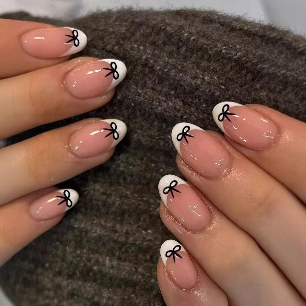White French Press on Nails 3D Bowknot Fake Nails