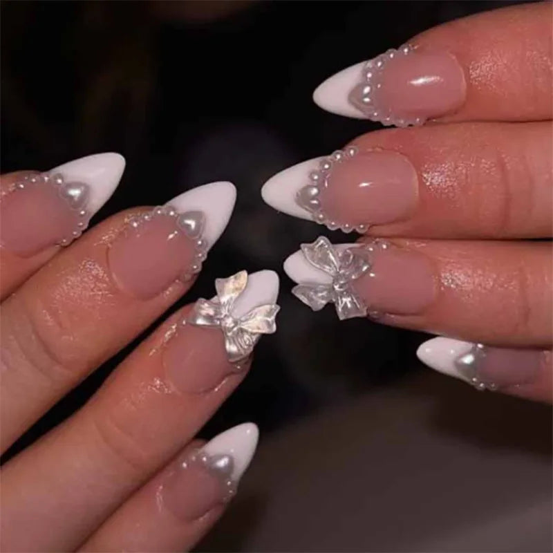 24Pcs Pink French Style Fake Nails 3D Bowknot