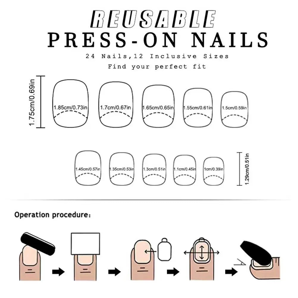 24pcs Black Square Press on Nails Medium Long Fake Nails, 12 Sizes Glossy Acrylic Nails Press on Square Nails Tips Fake Nail Set