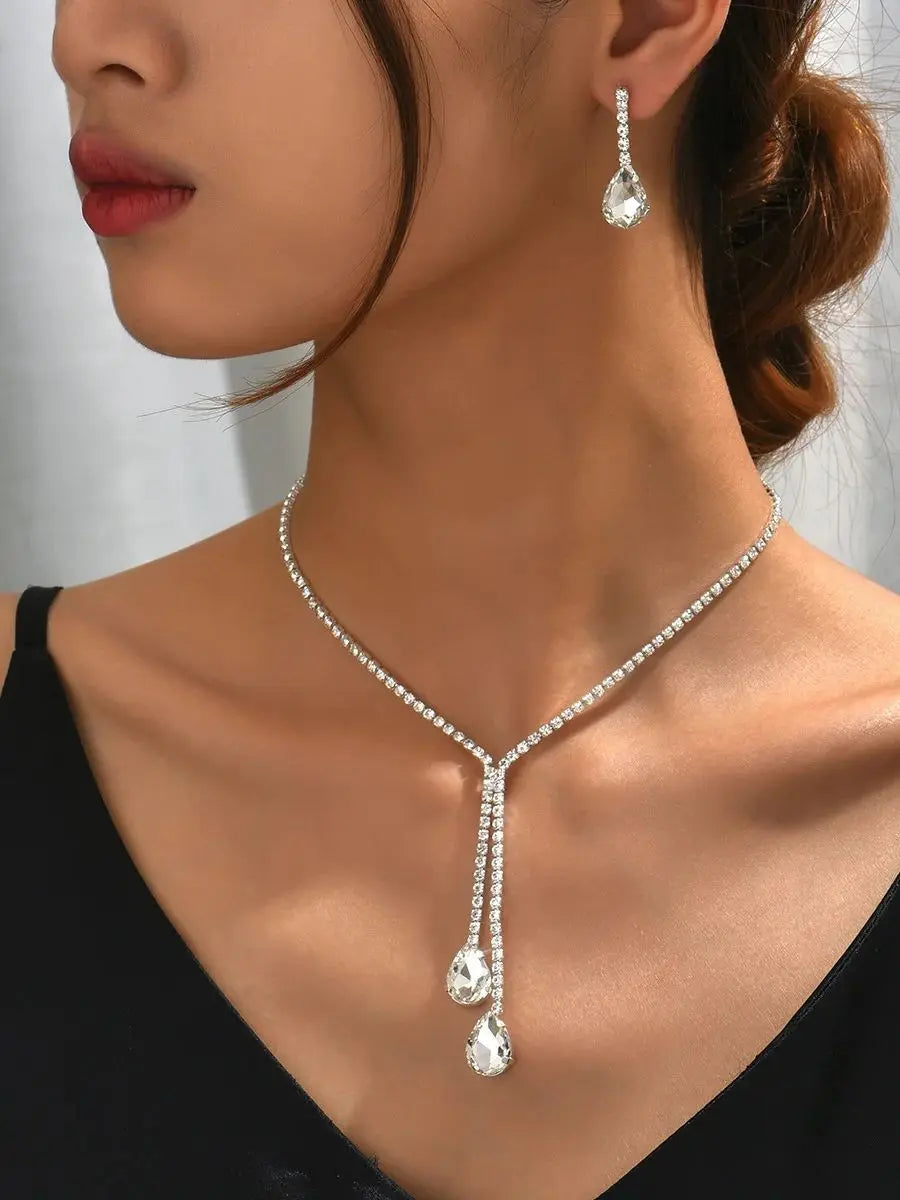 Simple jewelry, sparkling water droplets, wedding claw chain, banquet chain, necklace, earrings, bridal set, women's jewelry