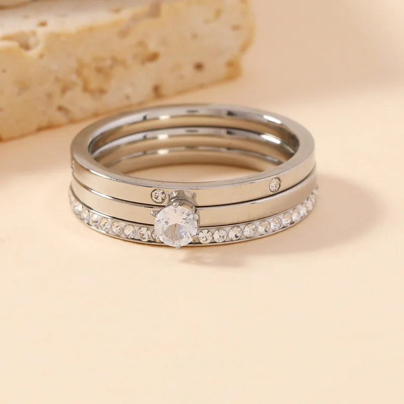 Luxury Stainless Steel Ring For Women Three-Piece Set