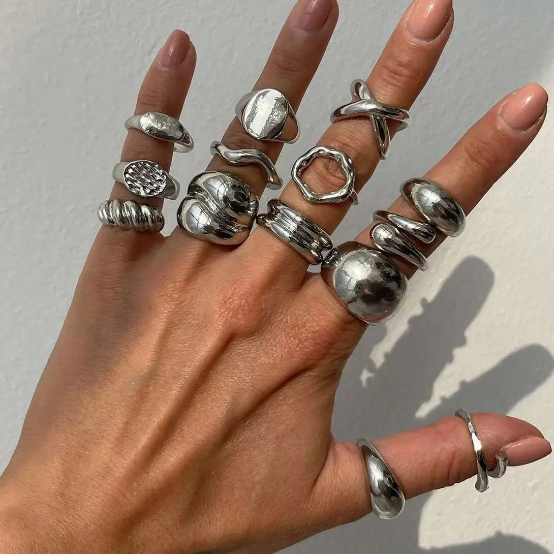 PuRui 14Pcs/Set Retro Silver Color Rings