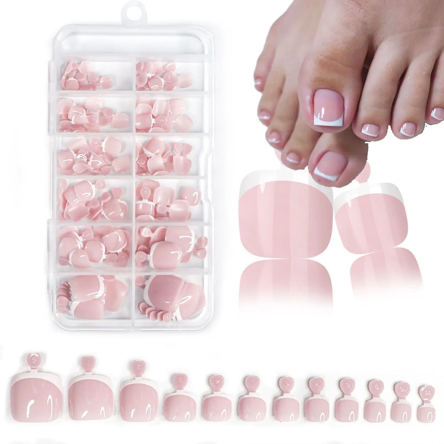 120Pcs Glossy Nude Pink French Press-On-Toenail Set 1*Box