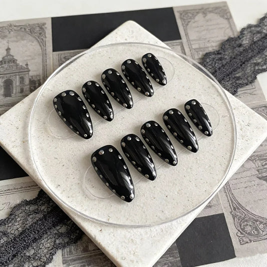 10PCS Black Handmade Press on Nails Rock-Chic Manicure Luxury Gothic Almond False Nails Artificial Resuable Elegance Press ons