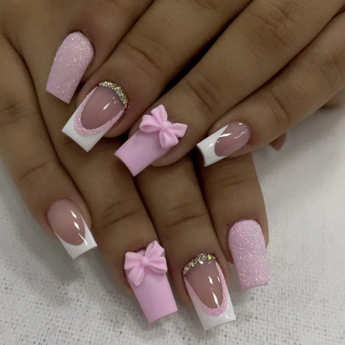 24Pcs Pink French Style Fake Nails 3D Bowknot