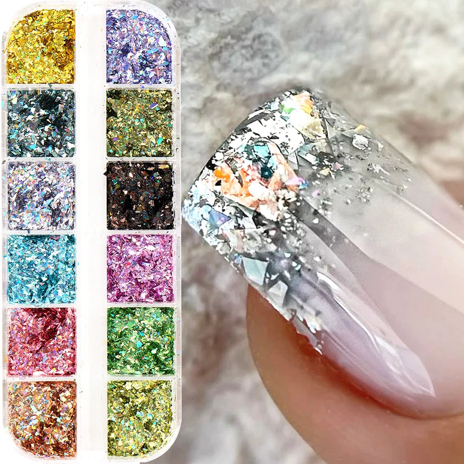 12 Grids Holographic Glitter Nail Art Sequins