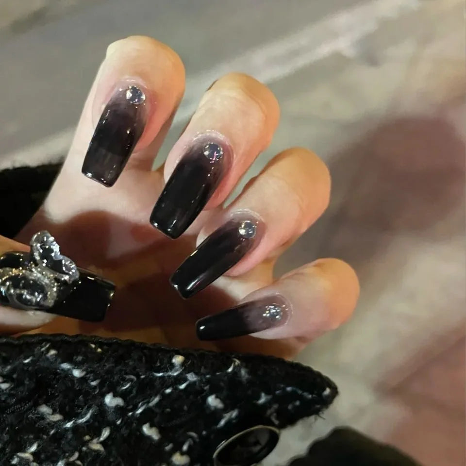 24pcs Press on Nails Short Almond Bowknot Black Press on Nails