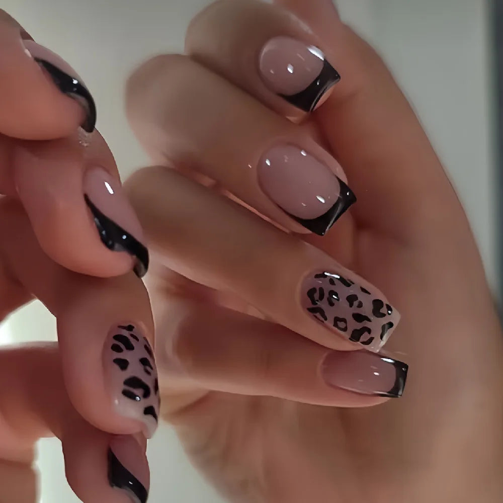 24pcs Press on Nails Short Almond Bowknot Black Press on Nails