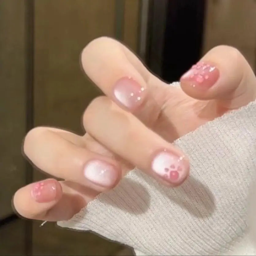 10pcs Cute Woman Press On Nails Handmade Pink Cat Claw Short False Artificial Nail Tips Decorated Korean Nails Press On