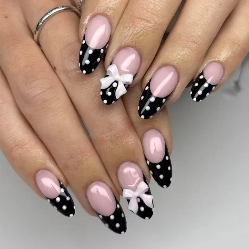 White French Press on Nails 3D Bowknot Fake Nails