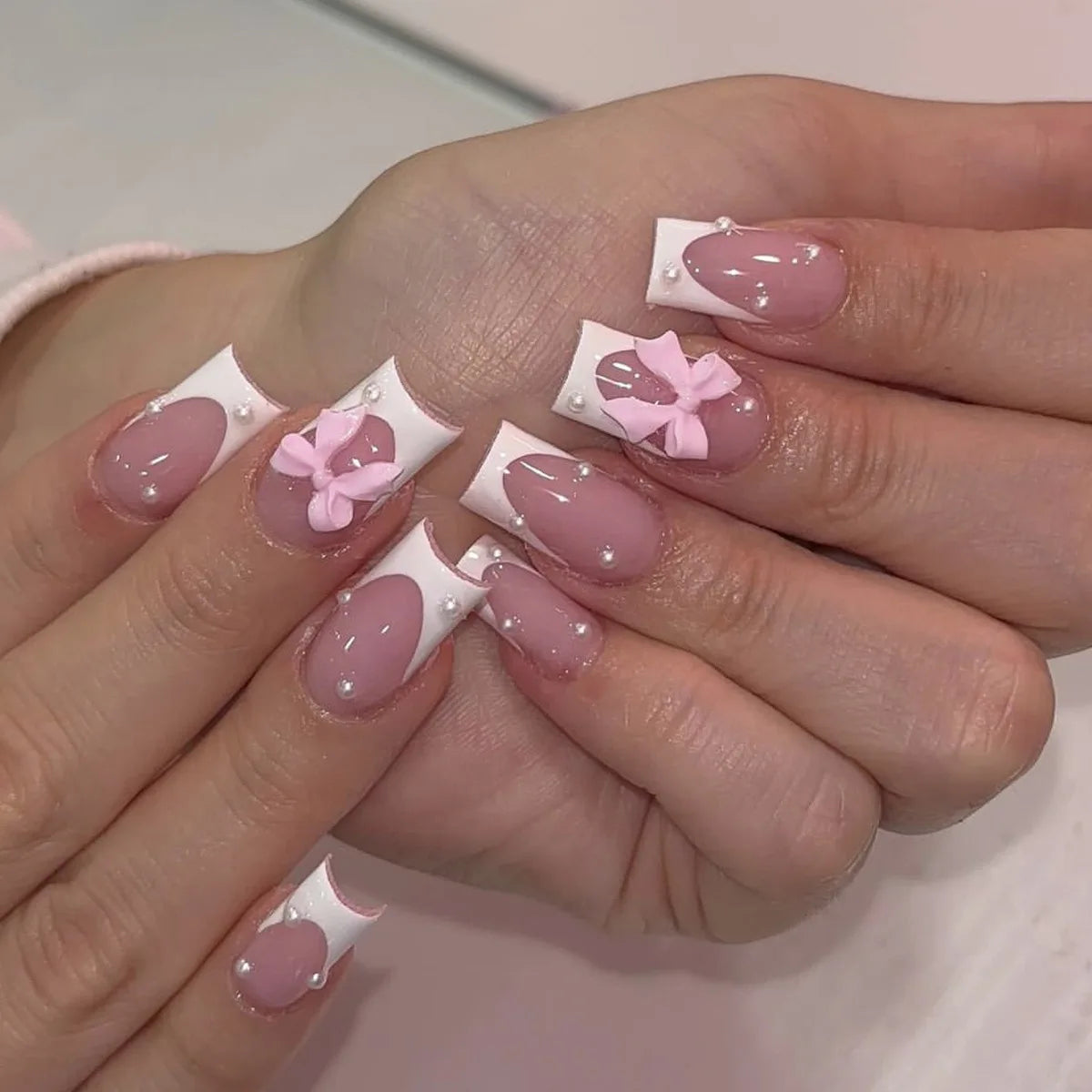 24Pcs Pink French Style Fake Nails 3D Bowknot