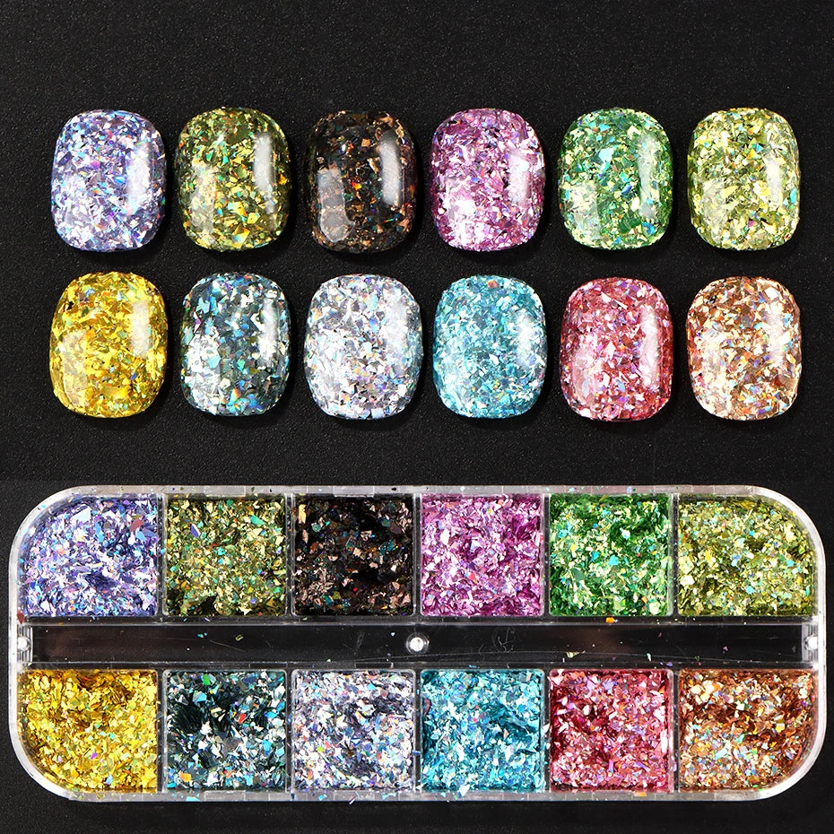 12 Grids Holographic Glitter Nail Art Sequins