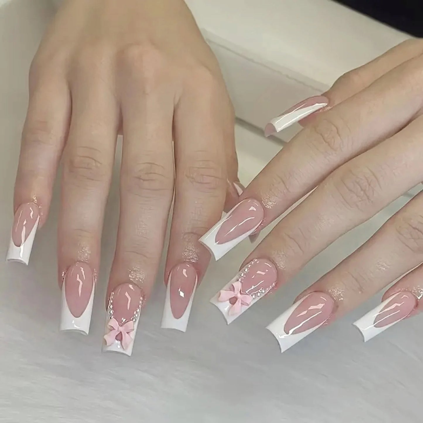 White French Press on Nails 3D Bowknot Fake Nails
