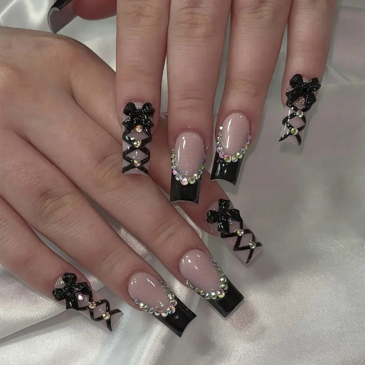24pcs Press on Nails Short Almond Bowknot Black Press on Nails