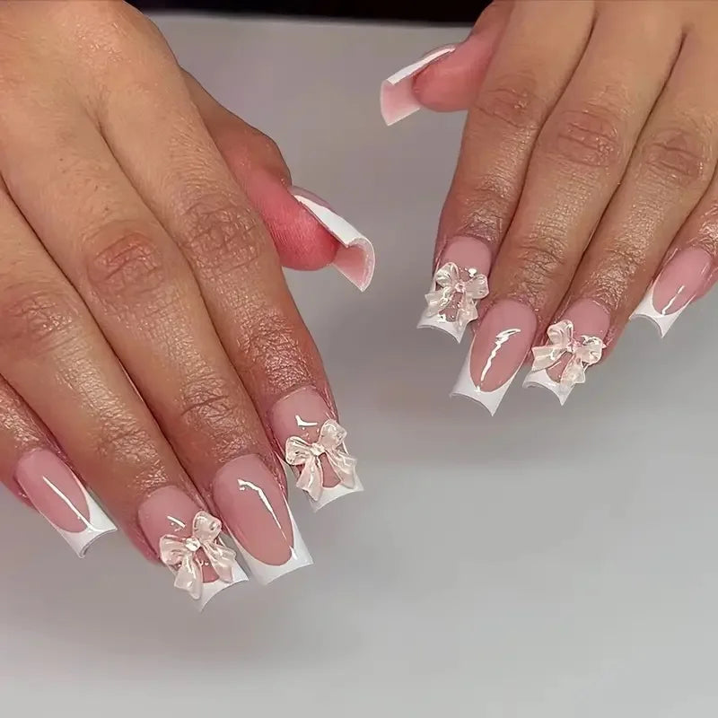 24Pcs Pink French Style Fake Nails 3D Bowknot