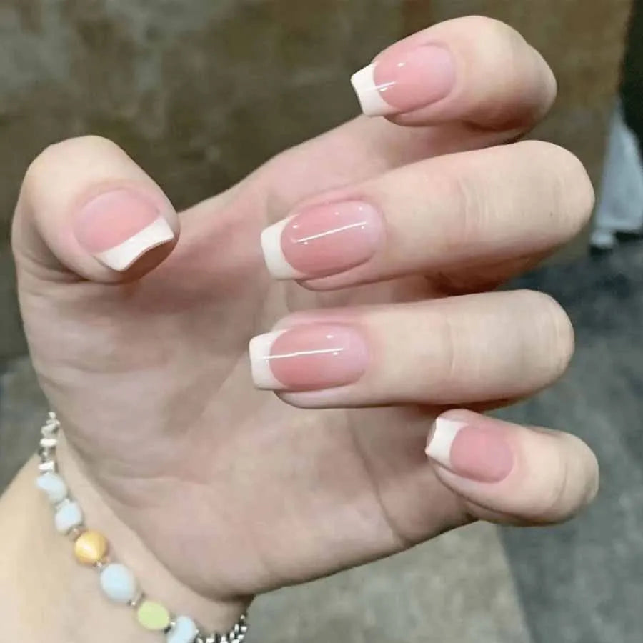 10pcs French White Fake Nails Light Pink Press on NailsFull Cover Short Square Ins Simple False Nails for Women and Girls Wear