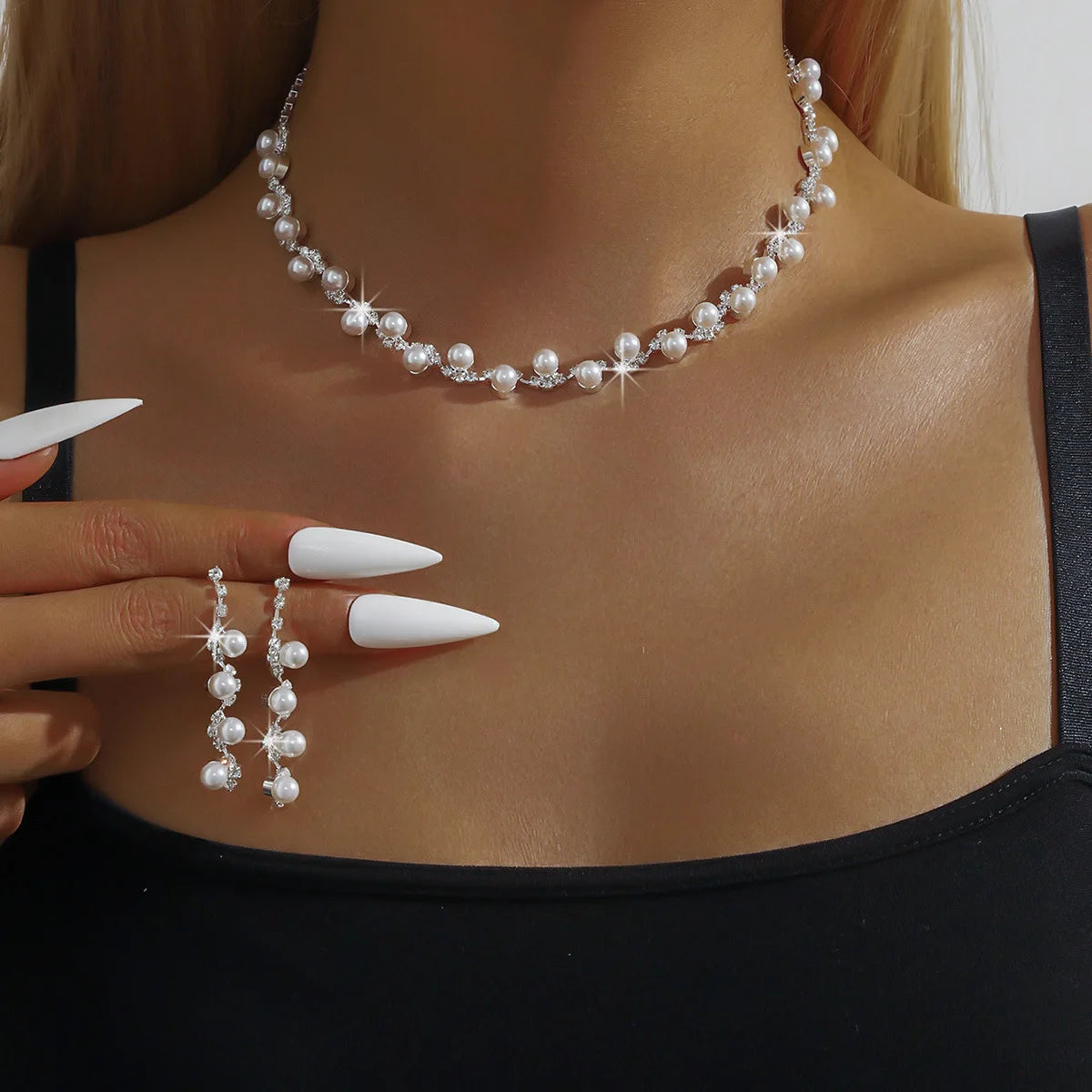 Pearl & Crystal Jewelry Set Choker Necklace Bracelet Drop Earrings Bridal Accessories for Wedding Prom Party Women Daily Wear