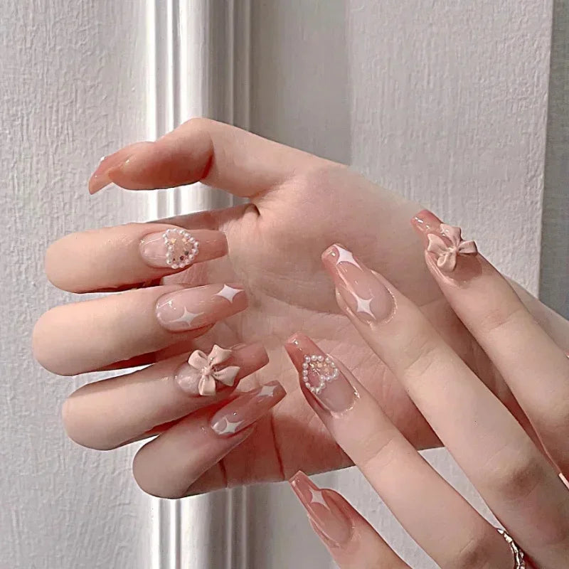 Pink Fake Nails Press on Nail Designs Art Long Tips False Forms with Glue Stick Stickers Reusable Set Acrylic Artificial
