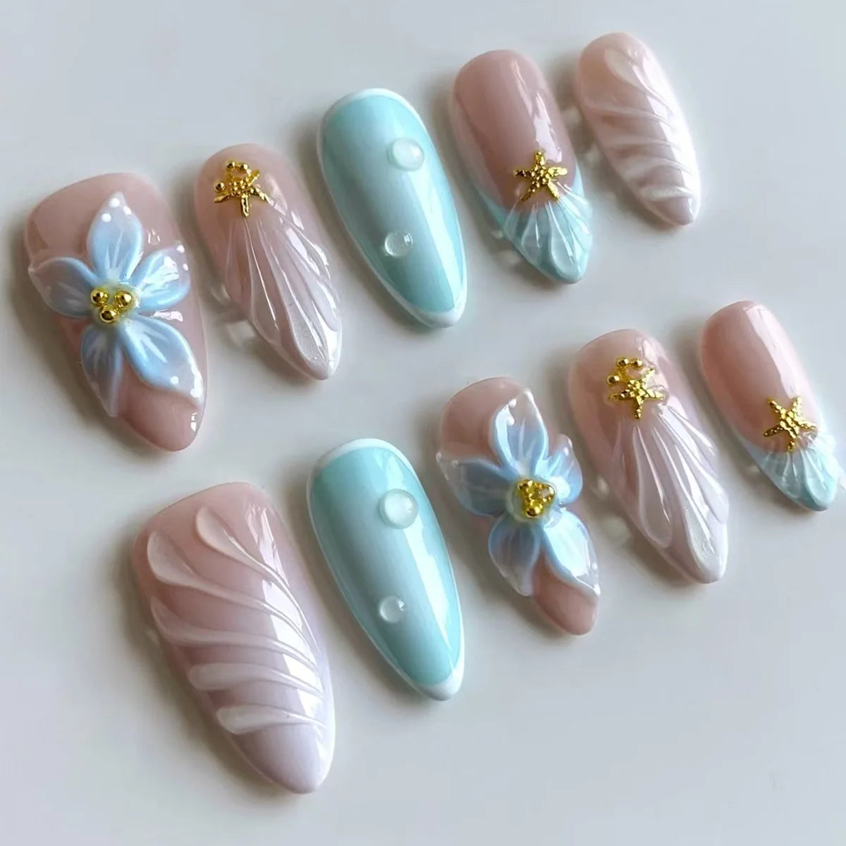 Blue Almond Press on Nails with 3D Pearl Design Mid-length Oval False Nails Tips Bow Pattern Wearable Fake Nail for Women