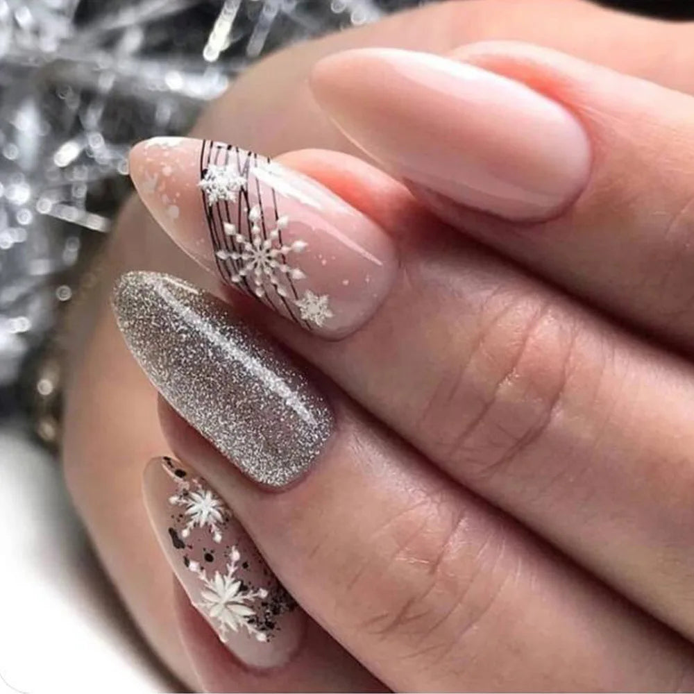 24Pcs Almond Fake Nails with Shimmery Powder