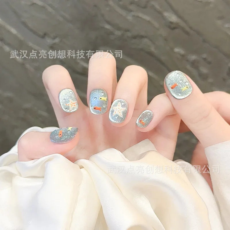 Handmade Press-On Nails Blue Glossy Fish & Bubbles Design