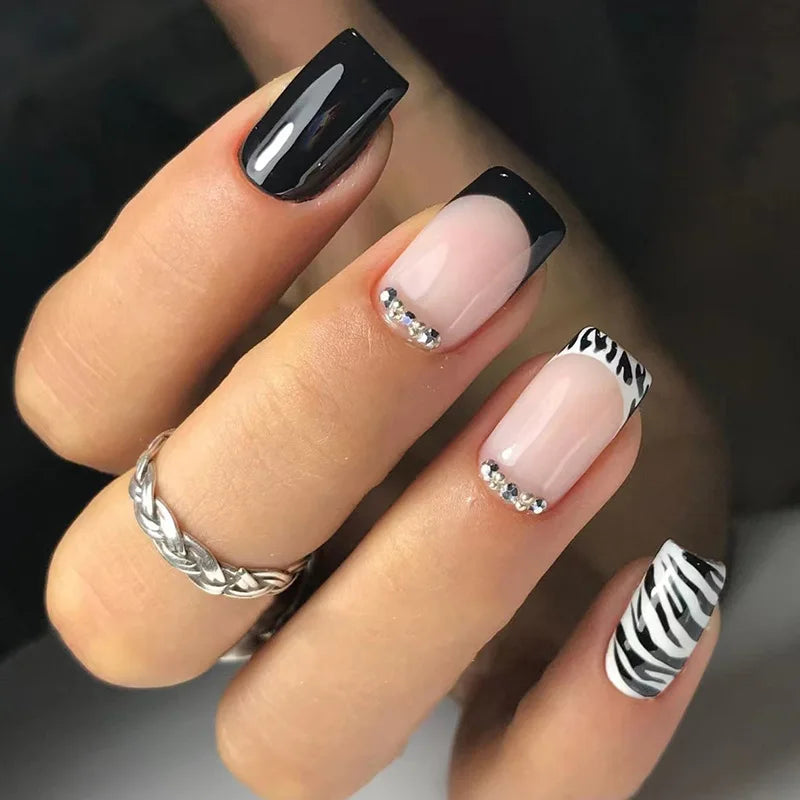 24pcs Press on Nails Short Almond Bowknot Black Press on Nails