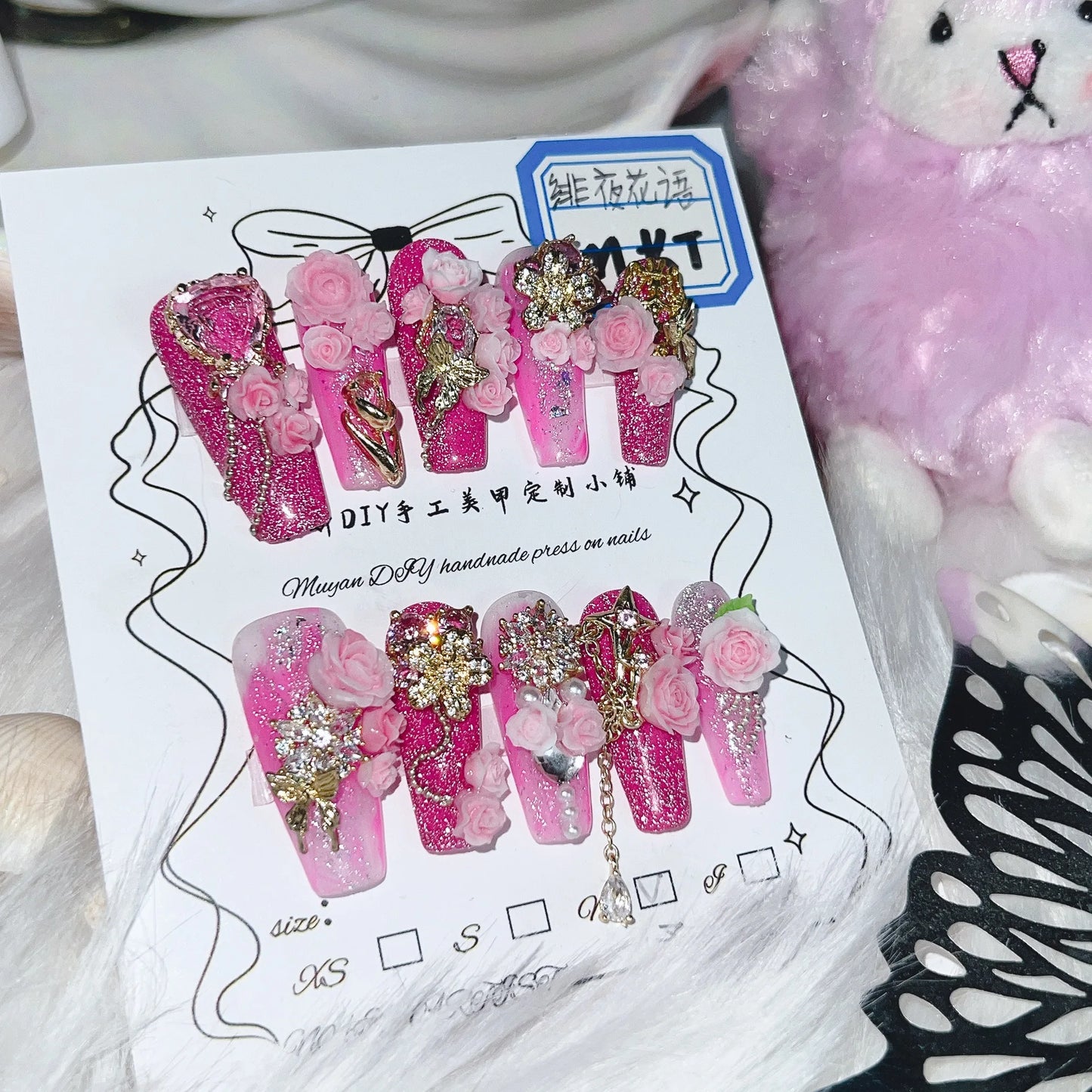Press On Nails Handmade Pink Ombre 3D Rose Gold