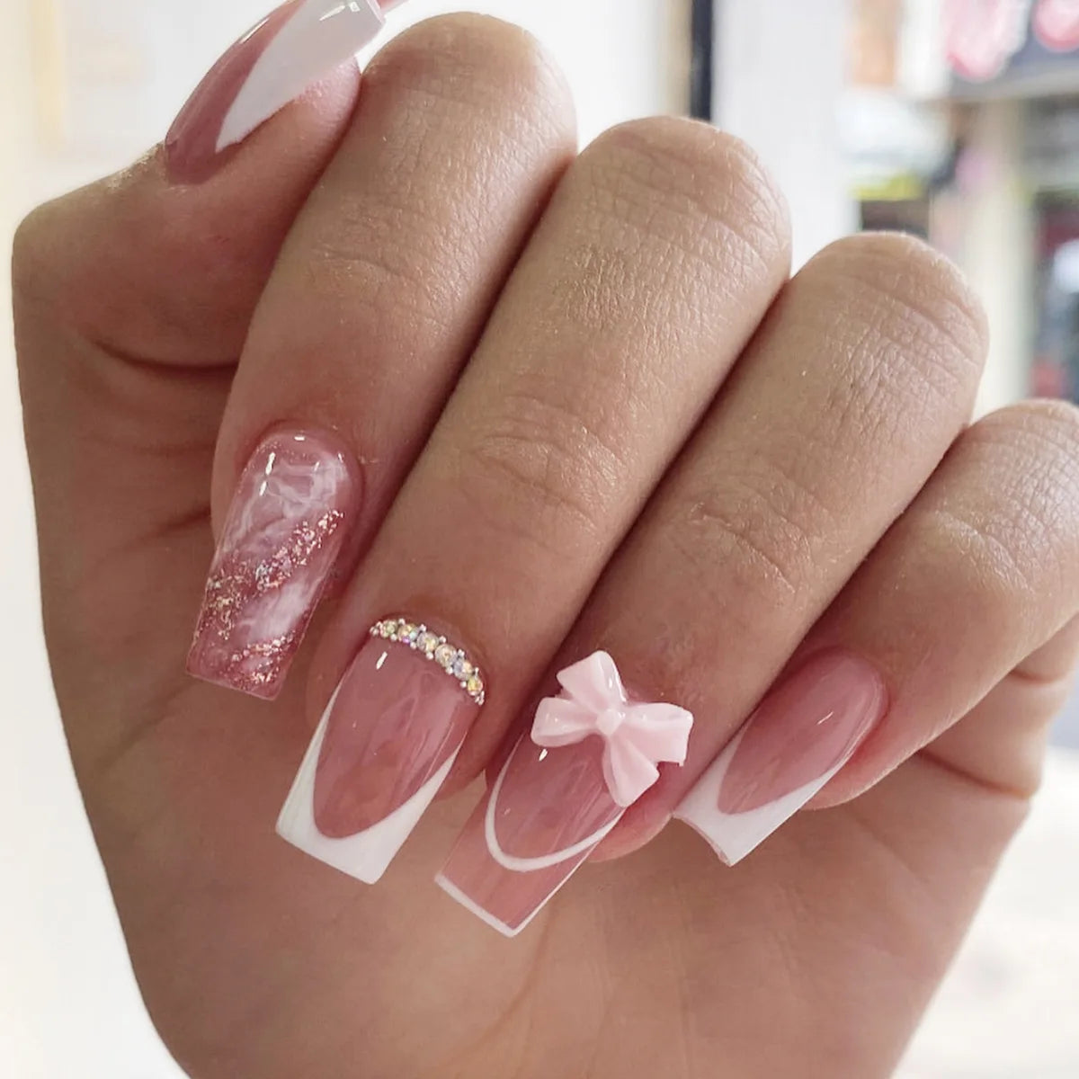White French Press on Nails 3D Bowknot Fake Nails