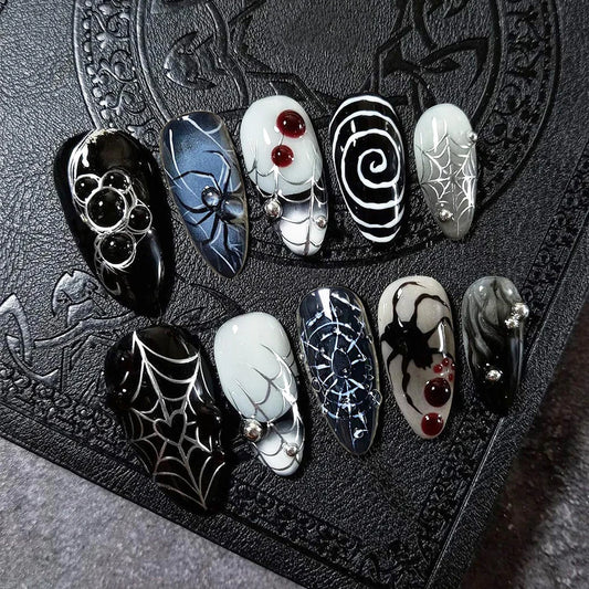 30pcs/Box Spider Web False Nails French Tips Halloween Press on Nails Medium Almond  Women Holiday Decoration Full Cover Tips