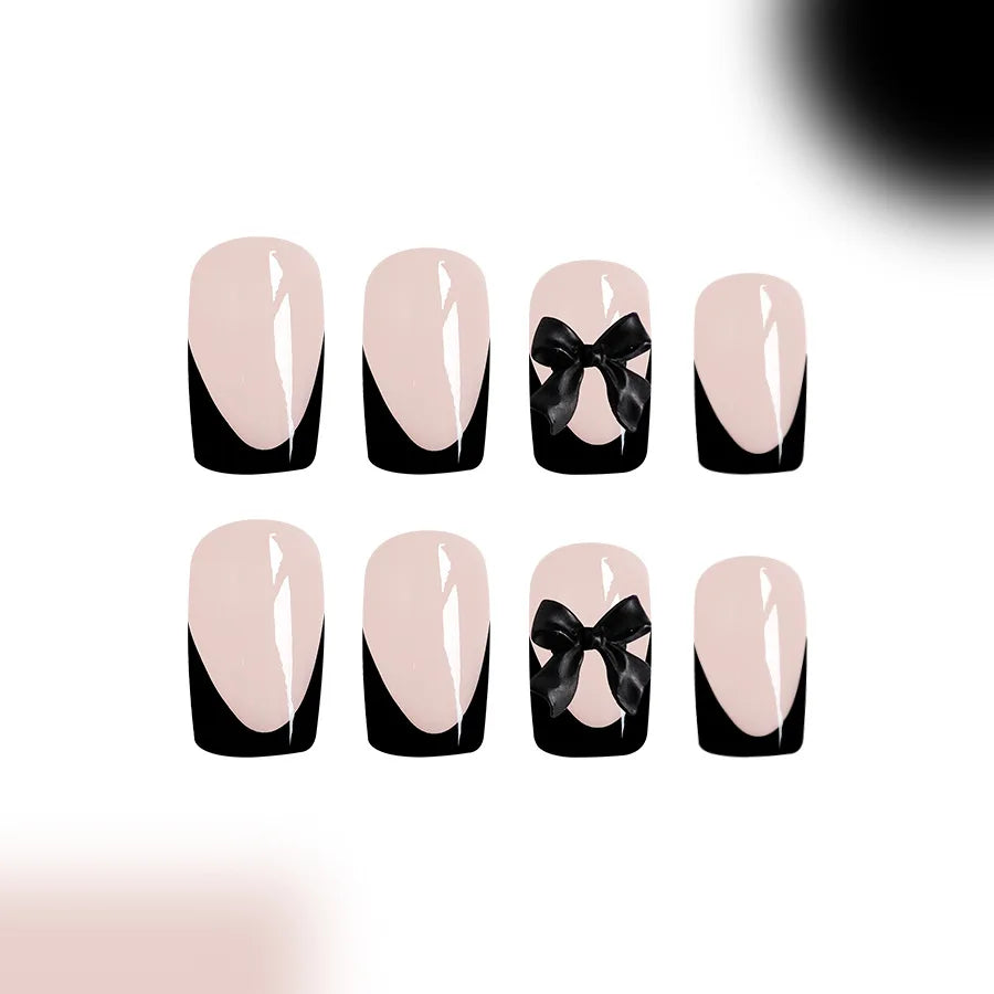 24pcs Press on Nails Short Almond Bowknot Black Press on Nails