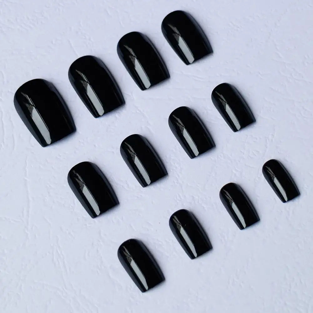 24pcs Black Square Press on Nails Medium Long Fake Nails, 12 Sizes Glossy Acrylic Nails Press on Square Nails Tips Fake Nail Set