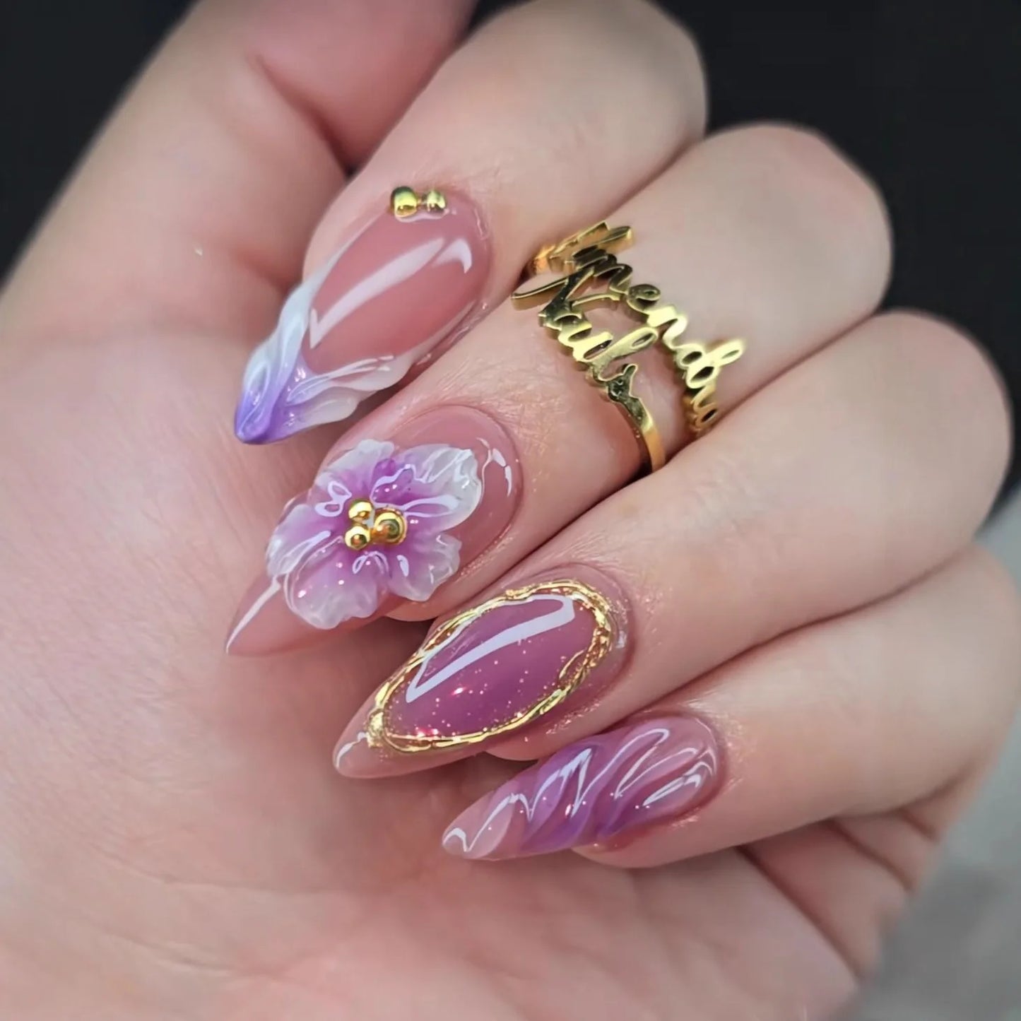 Gentle Nude Pink Press on Nails with 3D Flower
