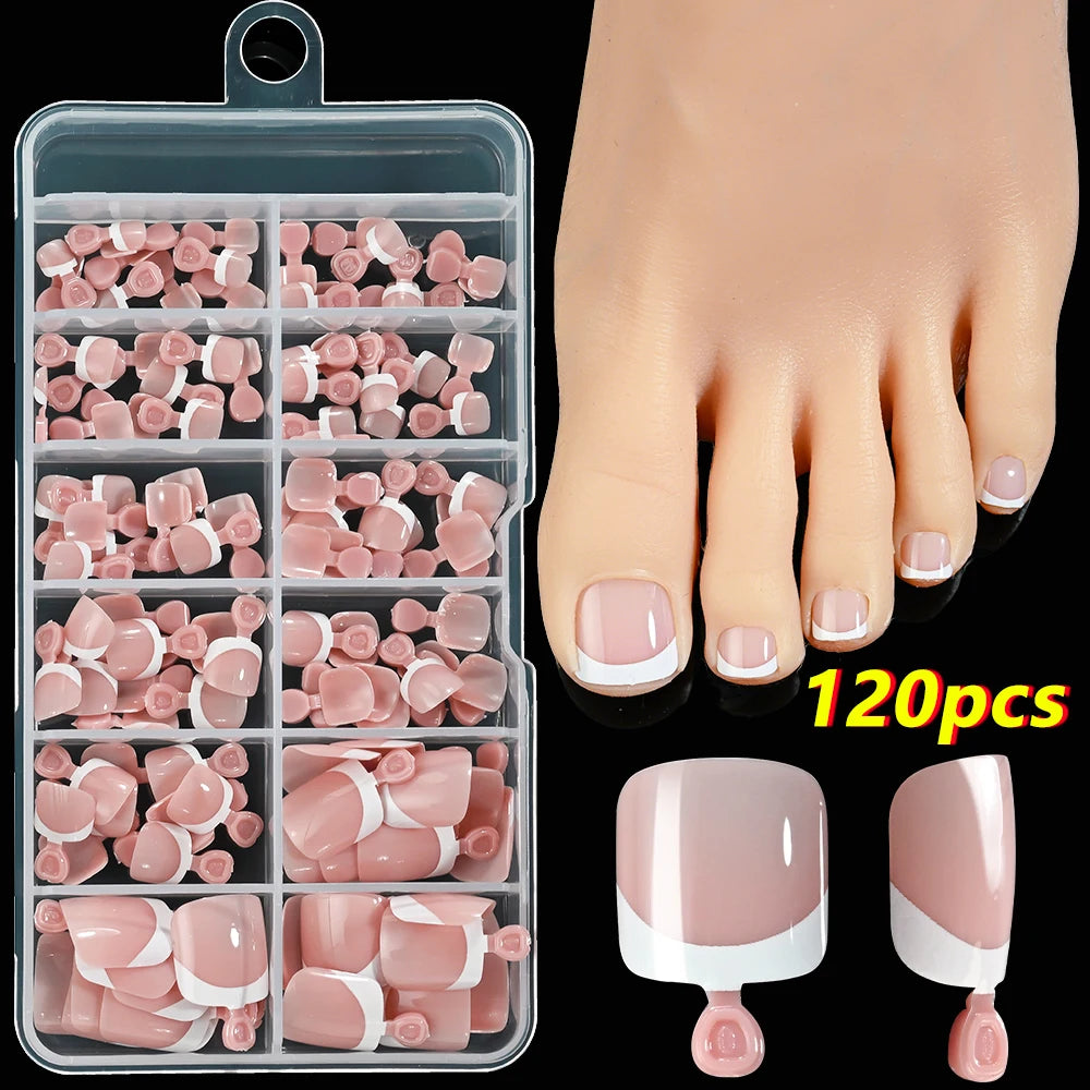 120Pcs Pink French Short Square Fake Nails