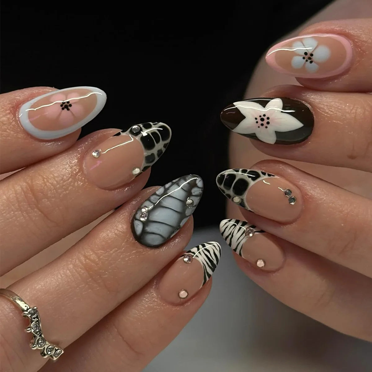 Gentle Nude Pink Press on Nails with 3D Flower