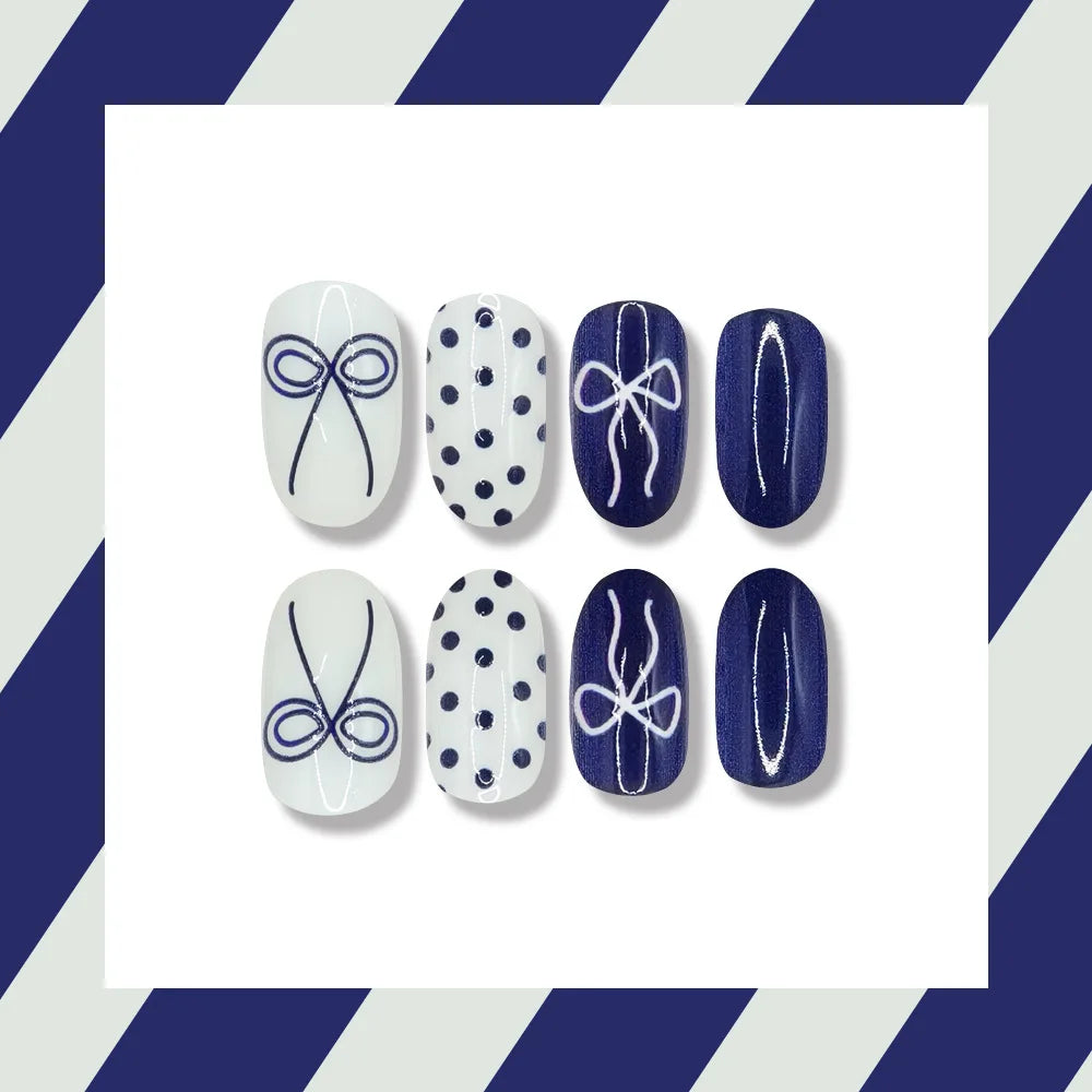24-Pcs Fake Nails Short Rounded Deep Blue with Butterfly Polka Dots