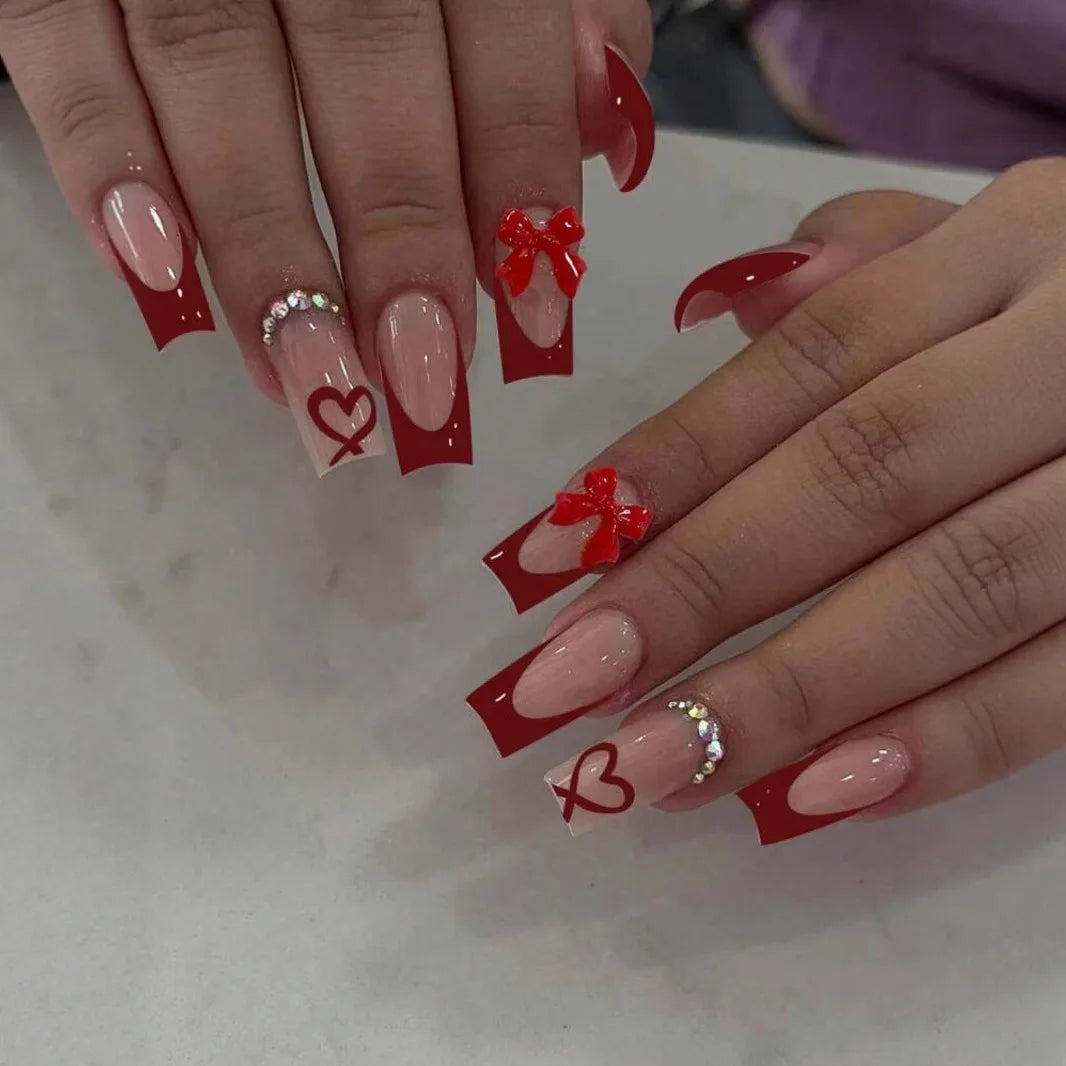 White French Press on Nails 3D Bowknot Fake Nails