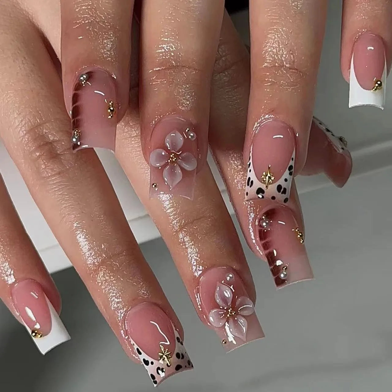 24pcs Press on Nails Short Almond Bowknot Black Press on Nails